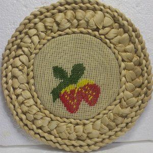 Vintage Straw Woven Trivet Cross Stitched Strawberries